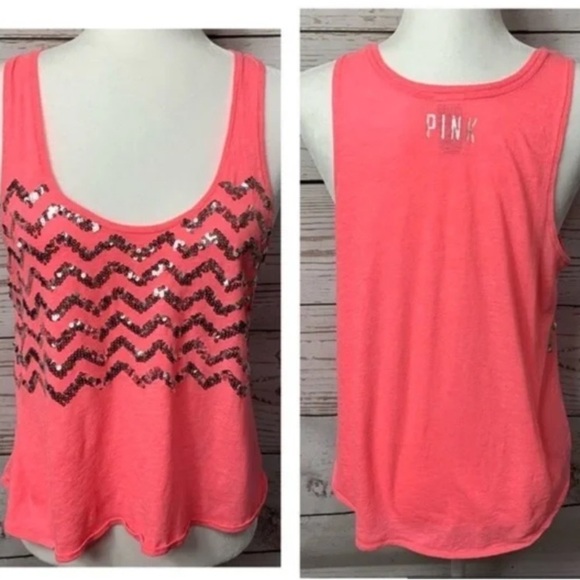 NWOT VICTORIA’S SECRET PINK SEQUIN CHEVRON TANK TOP SUMMER BEACHY SPARKLE TRENDY - Picture 5 of 7